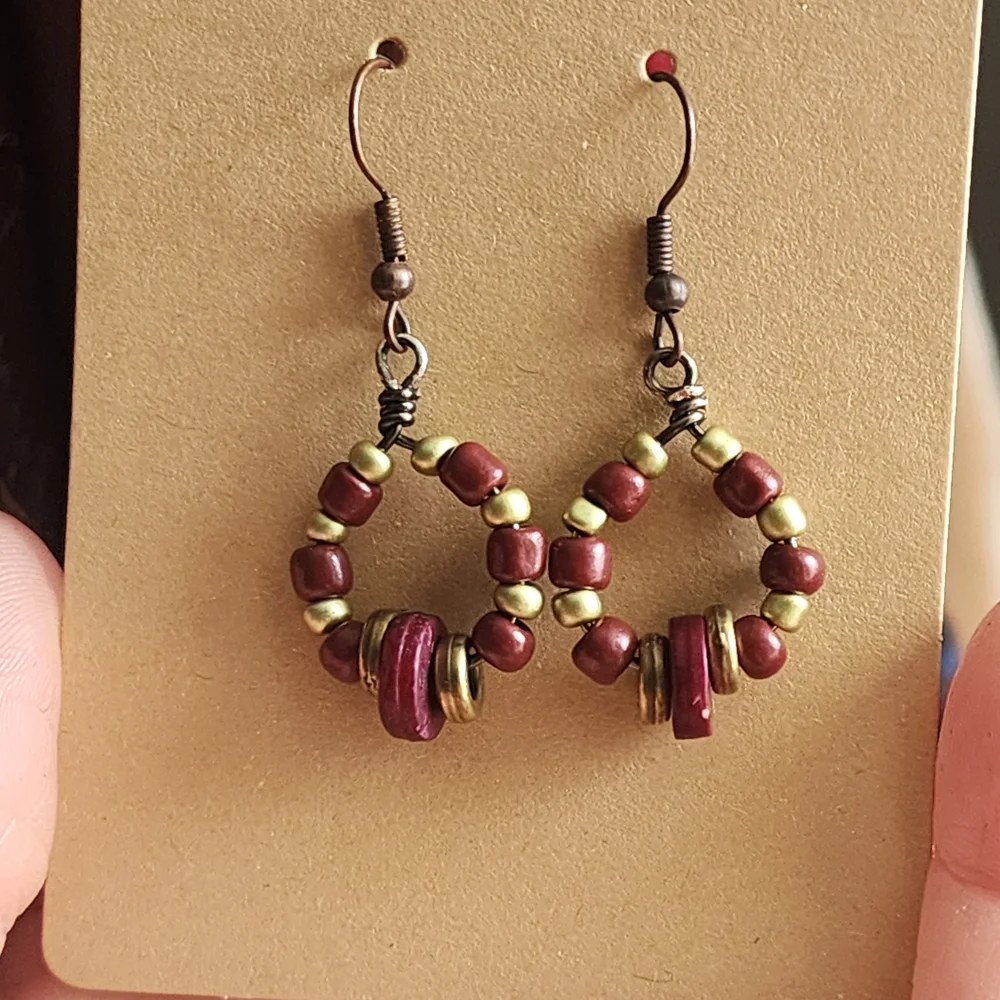 Handmade Beaded Hoop Earrings, Wood And Metal - Picture 2 of 6